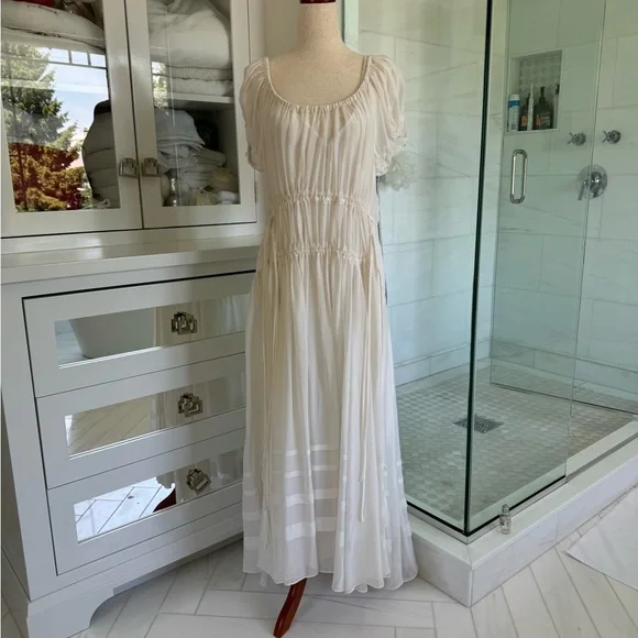La ligne Isabelle white silk chiffon midi dress with double tie waist. Size Xs - Picture 3 of 8